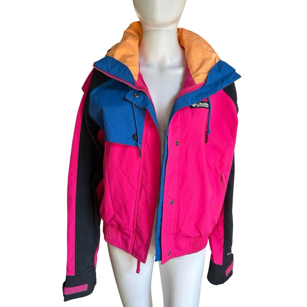 Columbia Wintertrainer Jacket Women M Pink Blue Omni-Tech Hooded Ski Colorblock
